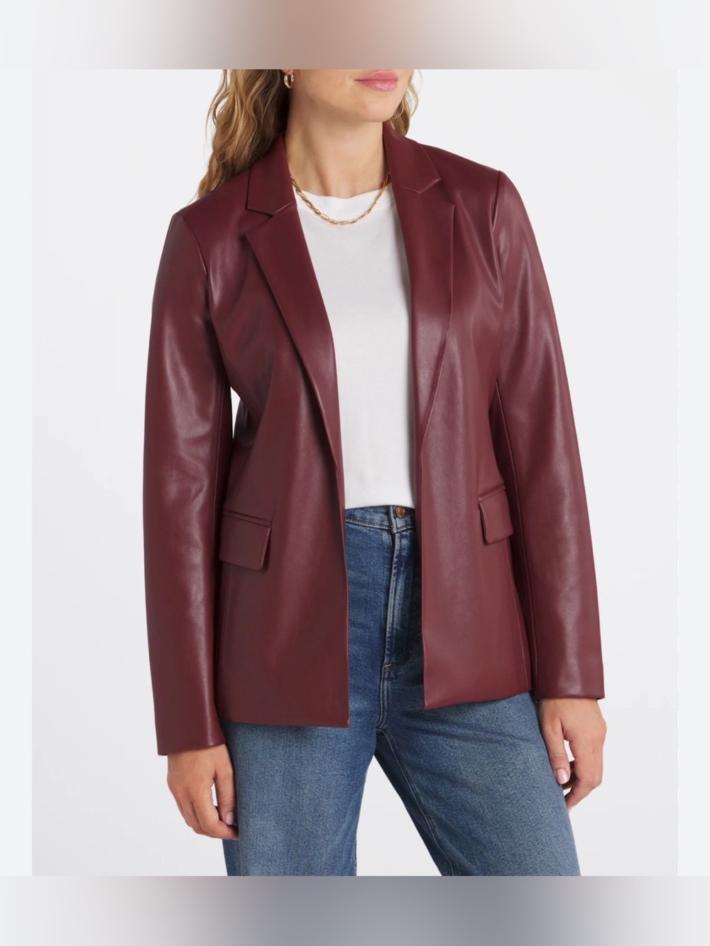 NWT! Skies Are Blue Faux Leather Boyfriend Blazer Size XS Burgundy Open Front